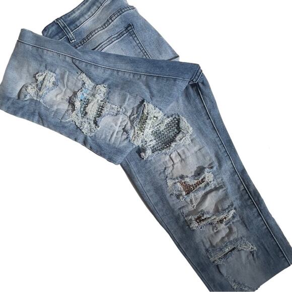 Blue Topic Rhinestone Studded Patch Distressed Denim Jeans Y2K Style - Size 9/10 - Picture 2 of 16